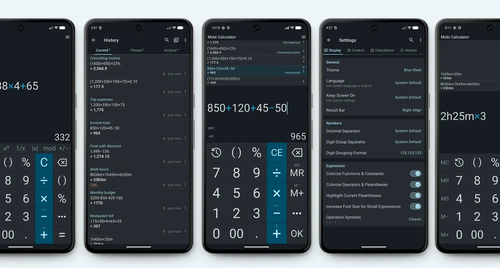 واجهة Mobi Calculator على عدة هواتف